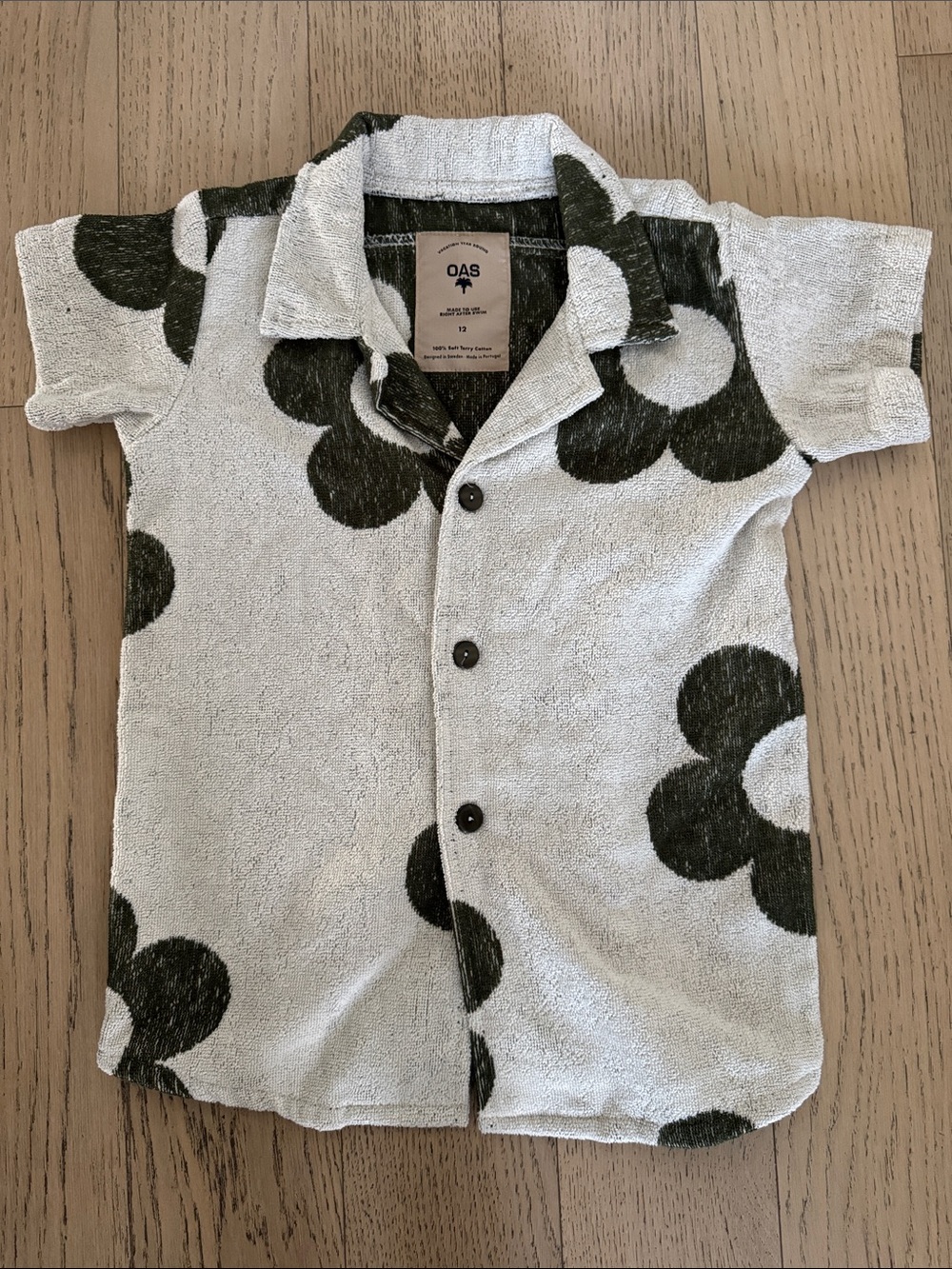 OAS Beige & Green “Meadow” Terry button down shirt, size 12